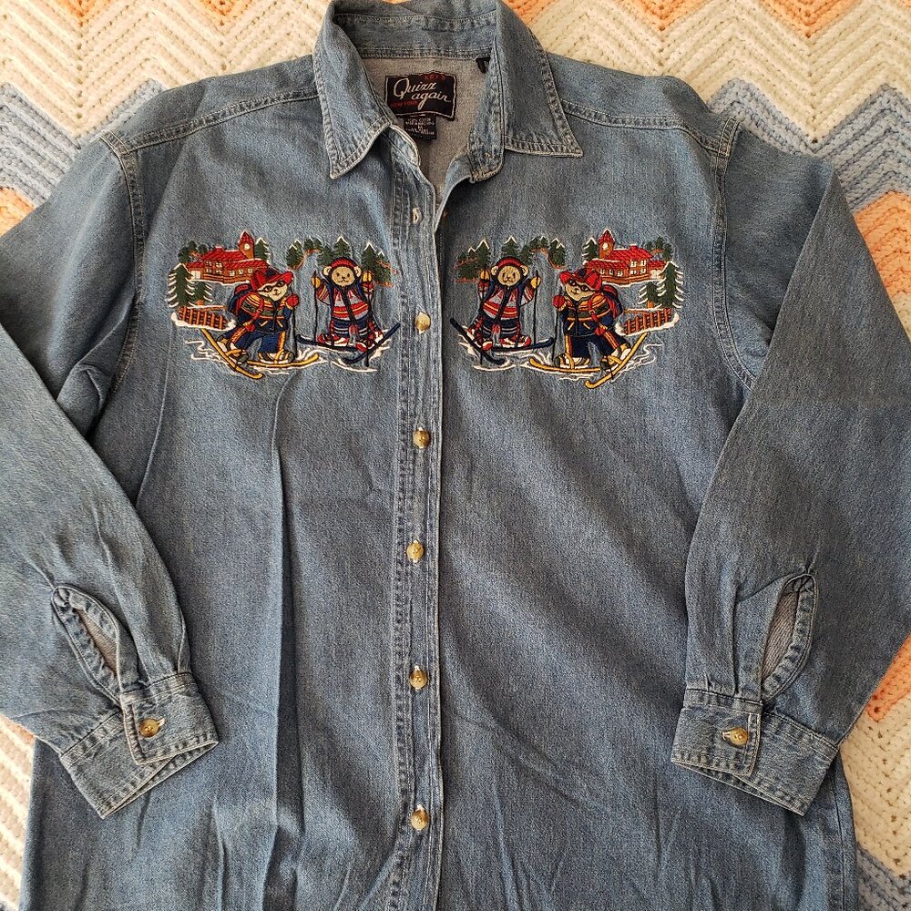 Let's Quizz Again Vintage Embroidered Skiing Bears Denim Shirt - Picture 3 of 11